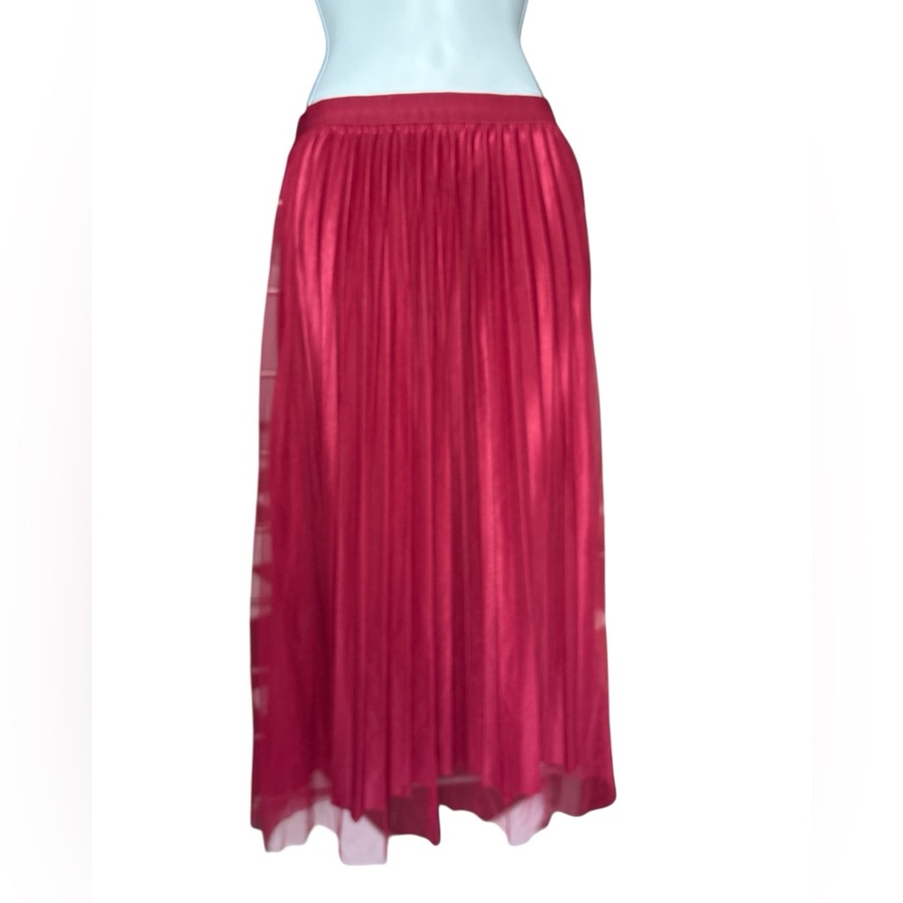 Fairy Coquette Pleated Satin Tulle Maxi Skirt Large Layers Burgundy Red Romantic
